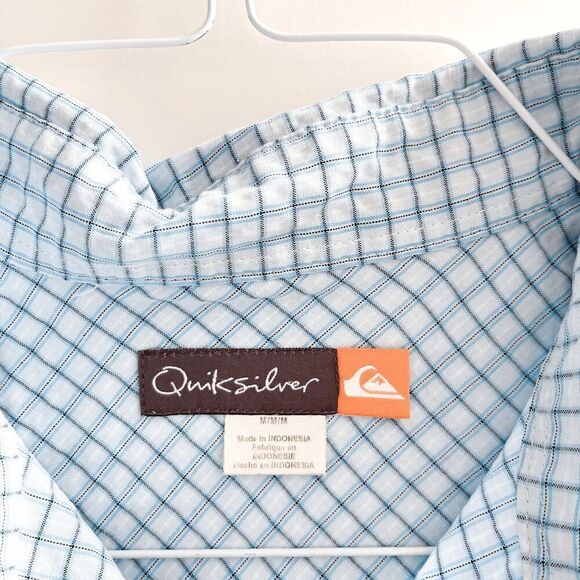 Quiksilver Mens Windowpane Check Short Sleeve Button Up Shirt Blue White Medium - Picture 6 of 6